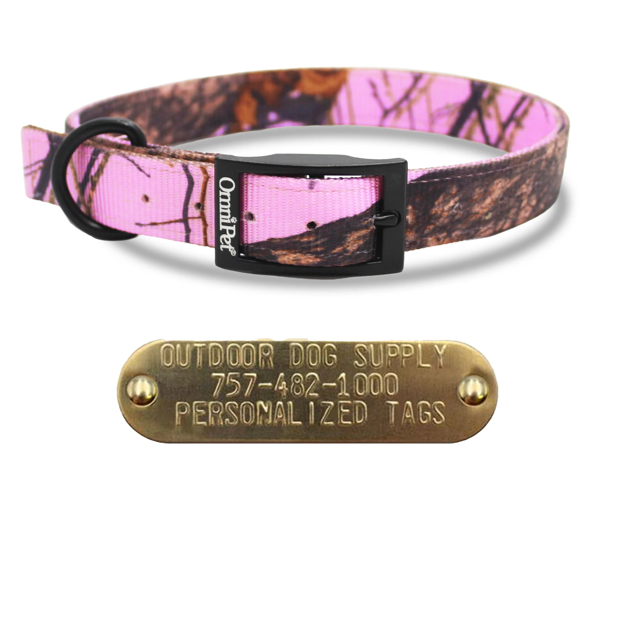1" Hunting Camo Nylon D Ring Dog Collar with Brass Name Plate - Image 3