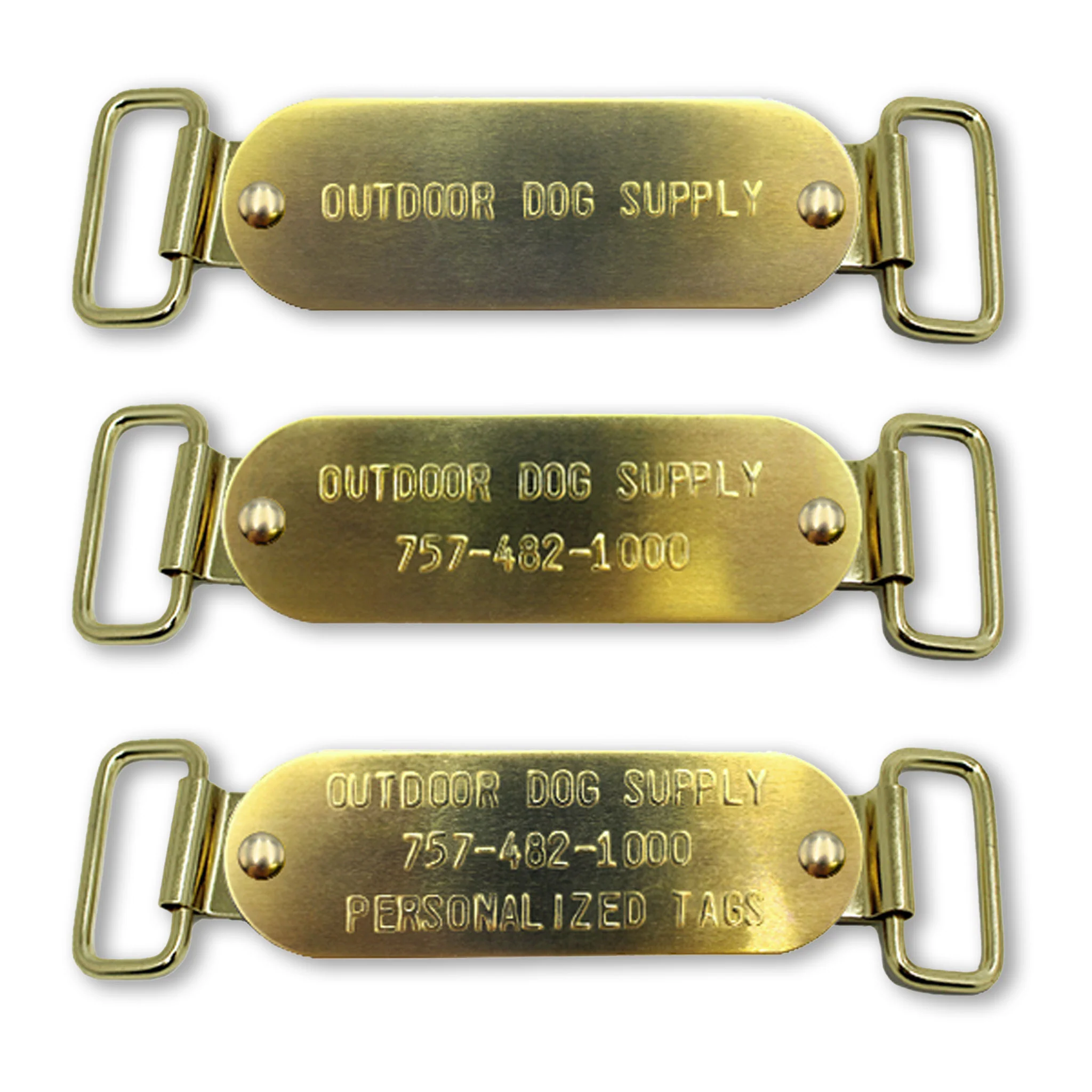 Custom 1" x 3" Raised Lettering Brass Dog Collar Name Tags with Tag Slides